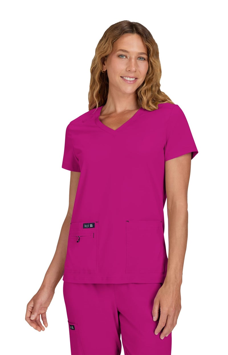 KOI Basics Becca Women's 4-Pocket Stretch Scrub Top Azalea Pink Medium - Image 1